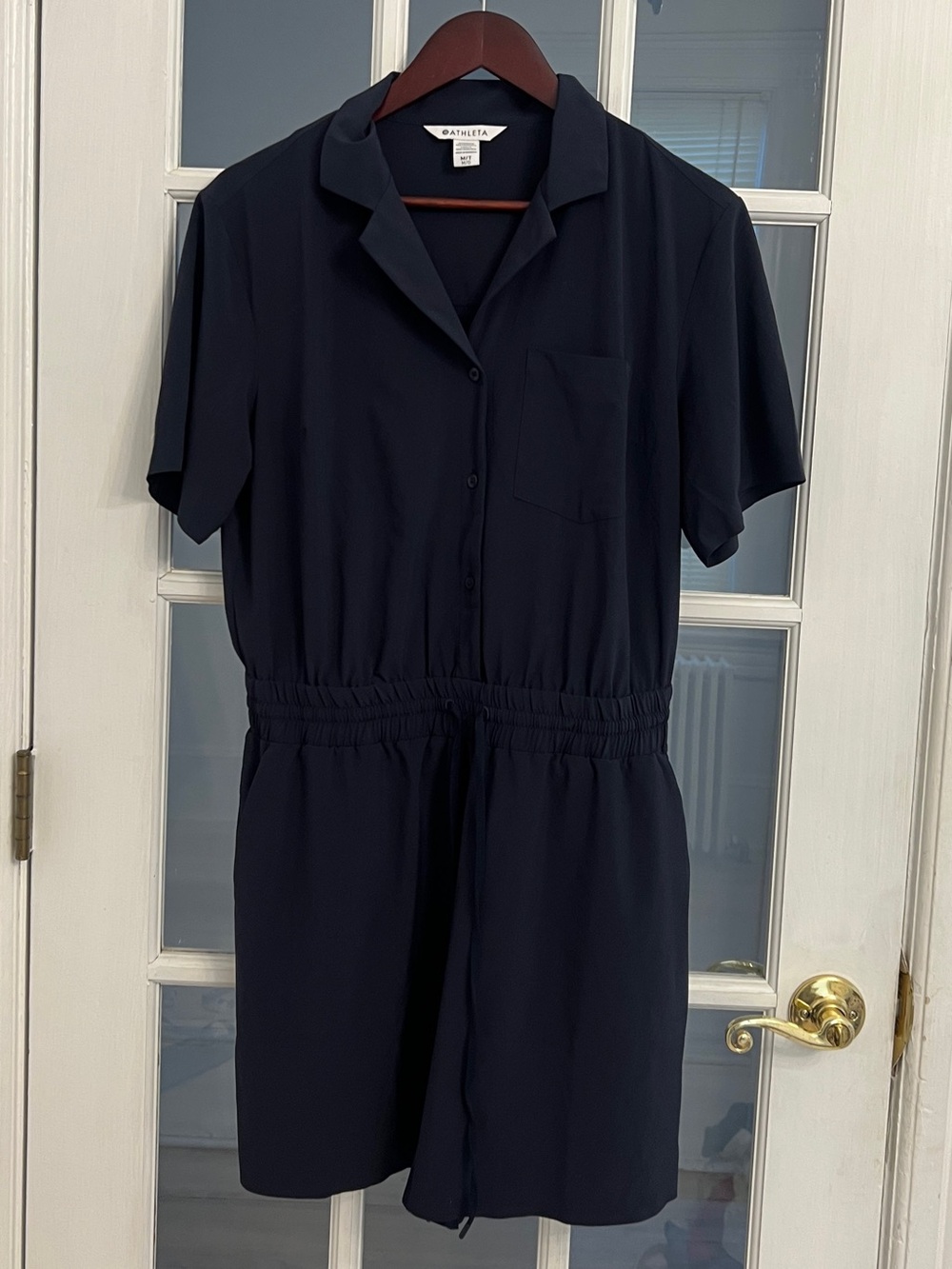ATHLETA Women’s Navy Blue Short Sleeve Button Up Avenue Romper Size M